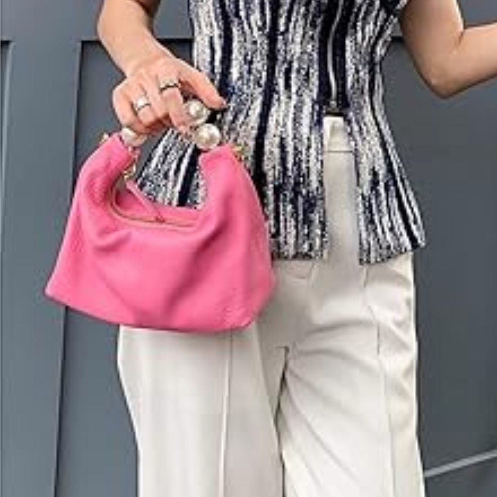 Neiman Marcus Gold Bead Pink Top Handle Leather Bag